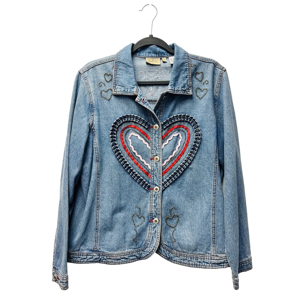 Crystal Kobe M Blue Beaded Heart Denim Jacket Valentine Love Rodeo Art to Wear